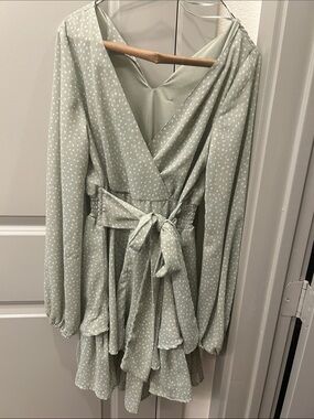 Sage Green Polka Dot Wrap Dress with Tie Waist